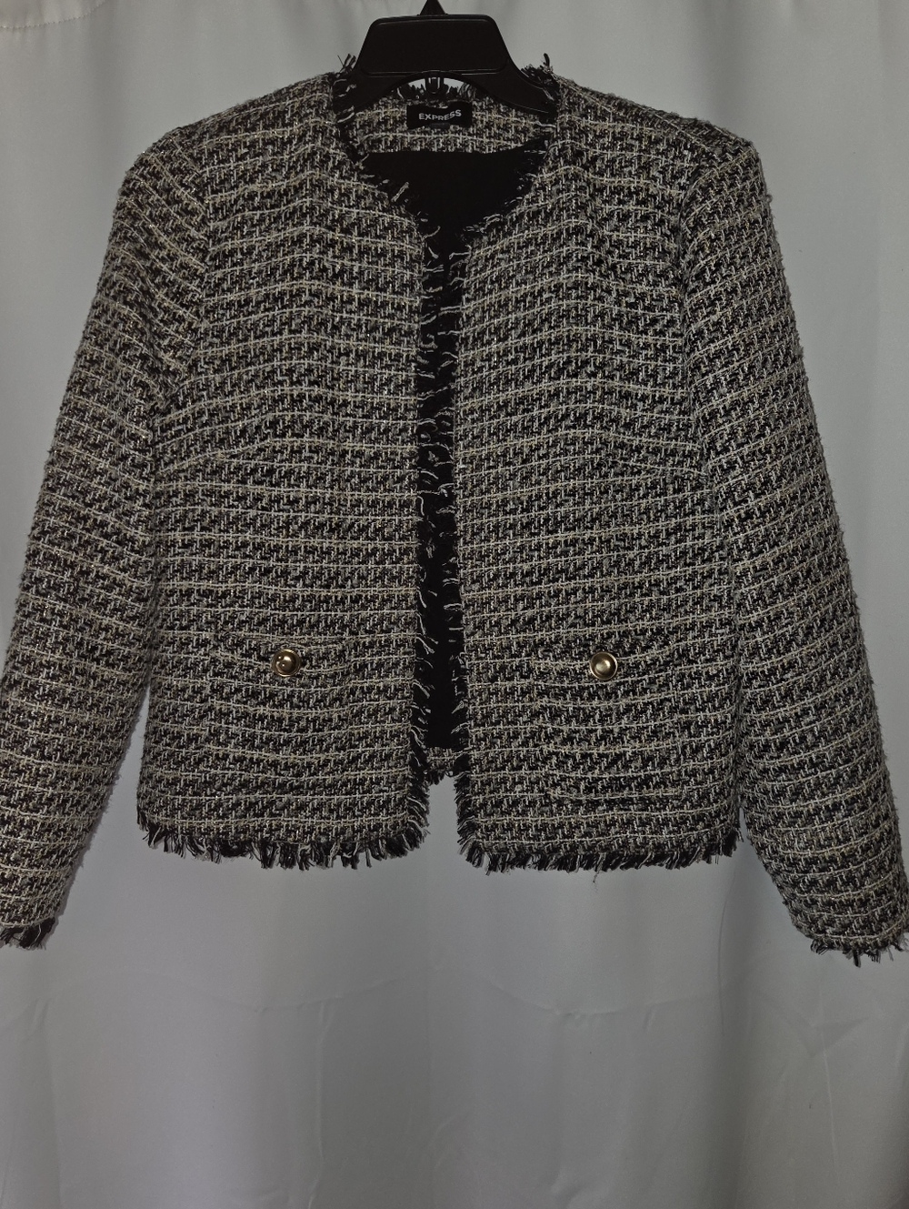 Express Black and White Tweed Fringe Cropped Blazer with Gold Buttons